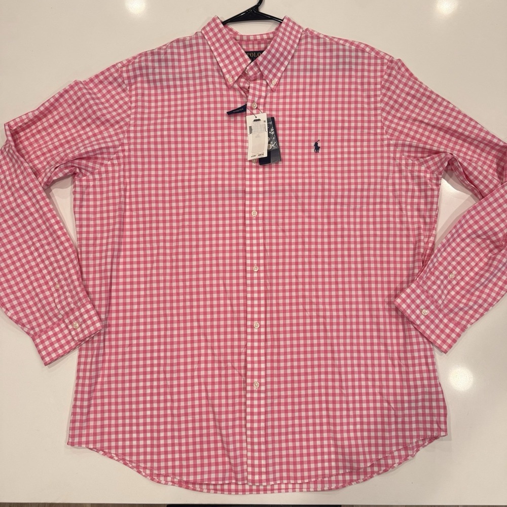 NWT Ralph Lauren Plaid Button Up Long Sleeve Classic Shirt Mens 2XL Pink White
